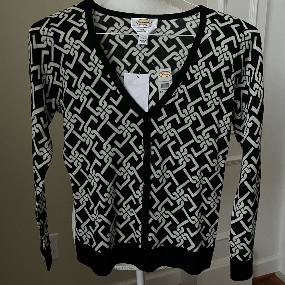 Talbots Black & Cream Patterned Cardigan Sweater- P